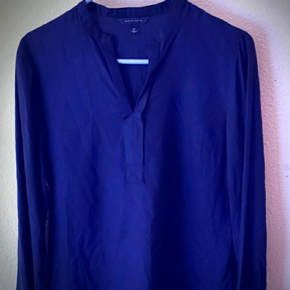 Tommy Hilfiger Navy Collarless Tab Front Blouse Size S